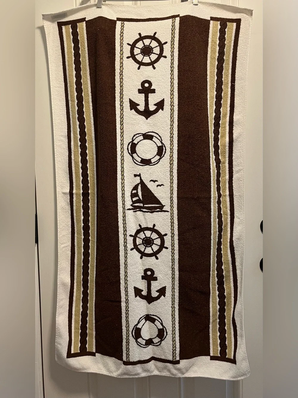 VTG 1980s Kmart Island Fun Nautical Beach Towel Sailboat Anchor Brazil 48x29